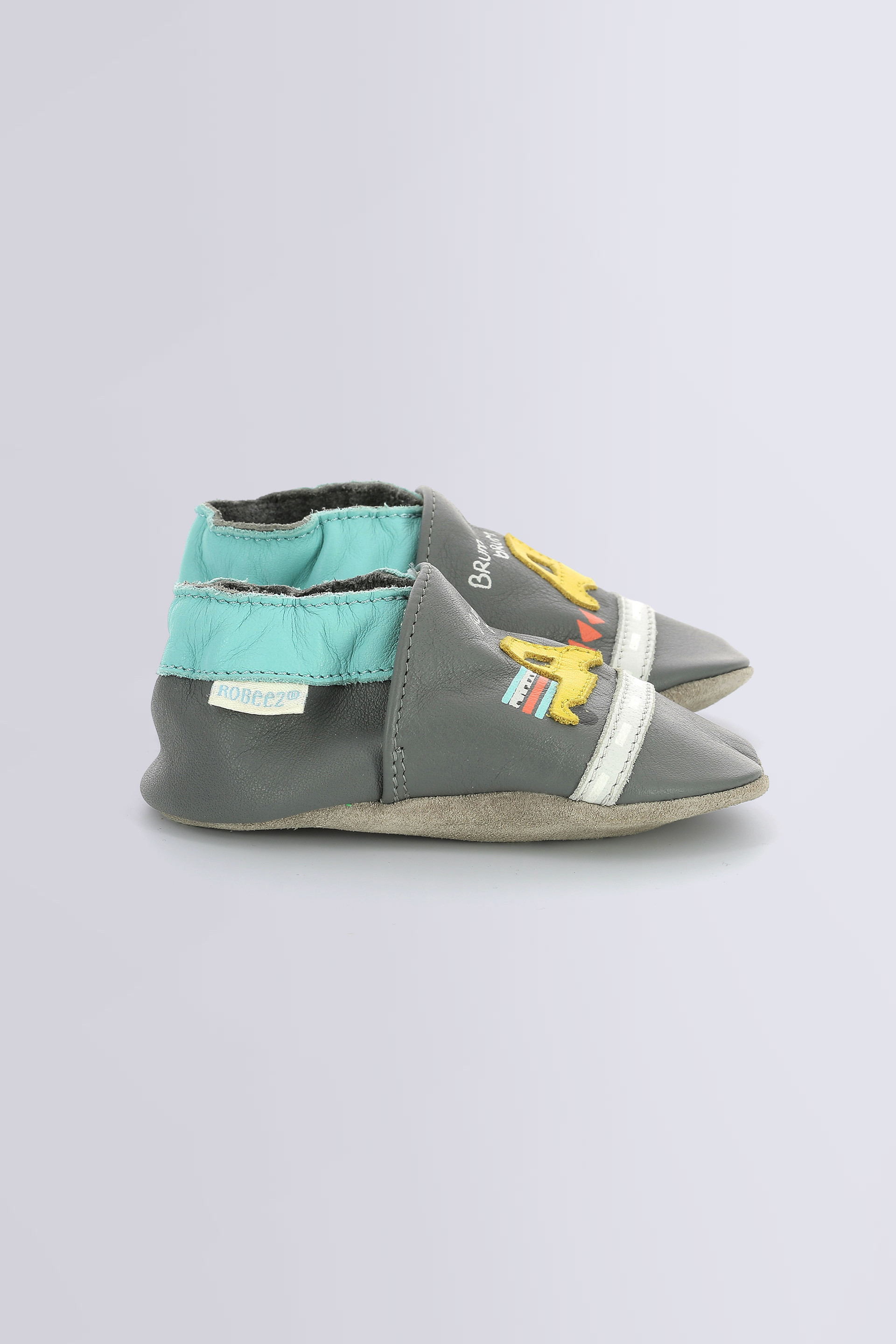 Truck Road dark grey and light blue - boys soft sole slippers - Robeez ©