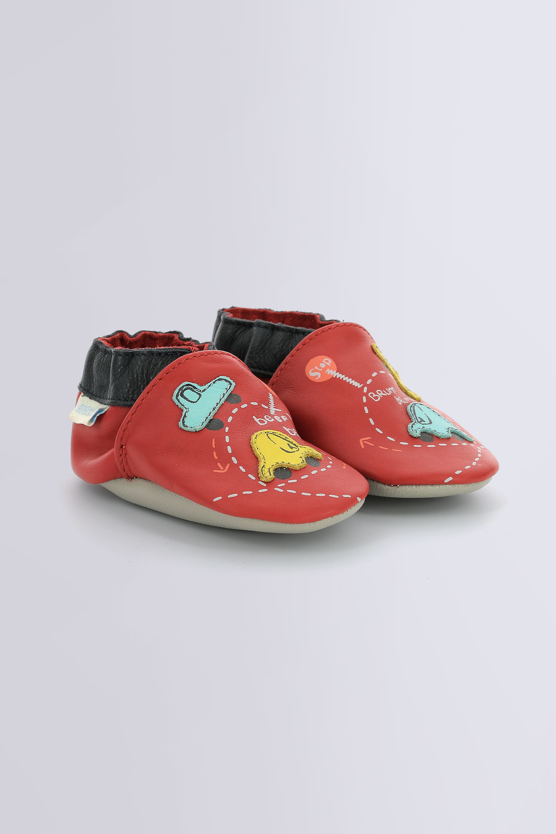 Car Traffic Jam red and navy - boys soft sole slippers - Robeez ©