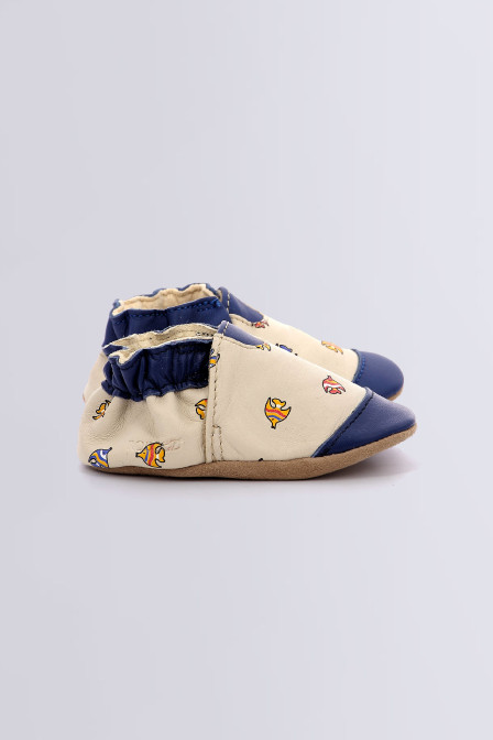 Neonfish - Light beige and blue soft sole slippers for boy - Robeez © Official website Neonfish - Light beige and blue soft sole slippers for boy - Robeez © Official website